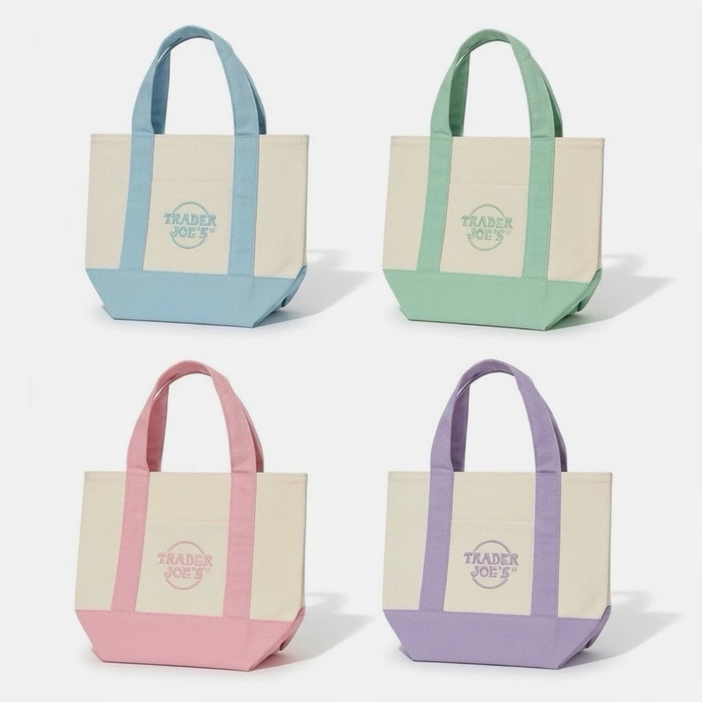 Trader Joe’s Mini Canvas Tote Bag - Cream with Blue/Pink/Green/Purple Accents
